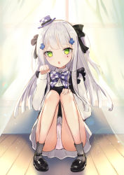 Rule 34 | 1girl, black footwear, blue bow, blunt bangs, bow, breasts, commentary, cross, ensiro, facial mark, girls&#039; frontline, green eyes, grey socks, hair bow, hair ornament, hat, highres, hk416 (black kitty&#039;s gift) (girls&#039; frontline), hk416 (girls&#039; frontline), long hair, long sleeves, looking at viewer, multicolored bow, multicolored neckwear, official alternate costume, panties, shoes, silver hair, socks, solo, teardrop, underwear, white bow, white panties