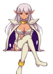 Rule 34 | 1girl, aq interactive, arcana heart, arcana heart 2, atlus, breasts, cleavage, dark-skinned female, dark skin, examu, female focus, long hair, parace l&#039;sia, pointy ears, red eyes, simple background, smile, solo, white background