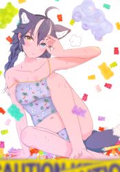 Rule 34 | 1girl, ahoge, alternate hairstyle, ancolatte (onikuanco), animal ear fluff, animal ears, arm support, arm up, bare arms, bare legs, bare shoulders, barefoot, black hair, blue eyes, blurry foreground, blush, braid, brown eyes, camisole, candy, caution tape, collarbone, extra ears, feet out of frame, fellatio gesture, fingernails, food, grey wolf (kemono friends), gummy bear, hair between eyes, head tilt, heterochromia, highres, kemono friends, knee up, leaning to the side, long hair, looking at viewer, multicolored hair, panties, parted lips, pen, pink hair, print panties, sidelocks, sitting, solo, strap slip, sweat, tail, toenails, toes, twin braids, two-tone hair, underwear, underwear only, wolf ears, wolf girl, wolf tail