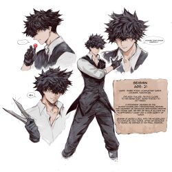 Rule 34 | 1boy, black gloves, black hair, black pants, black vest, candy, closed mouth, collarbone, collared shirt, cropped legs, cropped torso, english text, food, gloves, grey shirt, hand up, highres, holding, holding candy, holding food, holding knife, holding lollipop, knife, lollipop, male focus, multiple views, original, pants, seishin (yourfreakyneighbourh), shirt, short hair, simple background, speech bubble, spiked hair, vest, white background, yourfreakyneighbourh