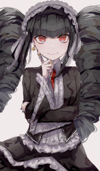 Rule 34 | 1girl, a sa gohan, black hair, black jacket, black nails, celestia ludenberg, claw ring, closed mouth, commentary request, crossed arms, danganronpa: trigger happy havoc, danganronpa (series), drill hair, earrings, frilled sleeves, frills, gothic lolita, grey background, grey shirt, highres, jacket, jewelry, layered skirt, lolita fashion, long hair, long sleeves, looking at viewer, maid headdress, nail polish, necktie, open clothes, open jacket, pleated skirt, red eyes, red necktie, shirt, simple background, skirt, smile, solo, straight-on, twin drills, twintails, wide sleeves