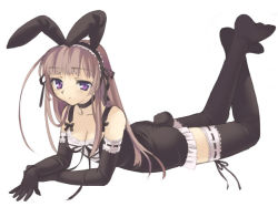 Rule 34 | 1girl, animal ears, black gloves, black theme, black thighhighs, breasts, brown hair, choker, cleavage, elbow gloves, fake animal ears, feet, frilled thighhighs, frills, full body, gloves, goth fashion, long hair, lying, maid, medium breasts, nontraditional playboy bunny, on stomach, original, petite, piyodera mucha, purple eyes, rabbit ears, rabbit tail, ribbon-trimmed gloves, ribbon-trimmed legwear, ribbon trim, simple background, solo, tail, thighhighs, white background