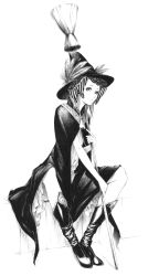 Rule 34 | boots, broom, cloak, feathers, full body, greyscale, hat, long hair, monochrome, sitting, solo, sousou (sousouworks), witch, witch hat