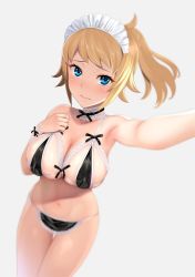 Rule 34 | 1girl, bare shoulders, bikini, blonde hair, blue eyes, blurry, blush, breasts, choker, cowboy shot, depth of field, embarrassed, gundam, gundam build fighters, gundam build fighters try, highres, hoshino fumina, lace, lace-trimmed bikini, lace choker, lace trim, large breasts, looking at viewer, maid, maid bikini, navel, ponytail, selfie, simple background, skindentation, solo, stomach, swimsuit, thighs, unconventional maid, yuzuriha (active homing)