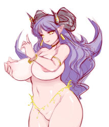 Rule 34 | breasts, fang, grabbing own breast, horns, huge breasts, light smile, long hair, navel, nipples, noise (lesion949), nude, original, pointy ears, purple hair, simple background, slit pupils, solo, thighs, white background, yellow eyes