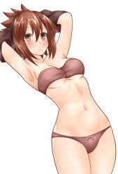 Rule 34 | 1girl, armpits, arms up, bad id, bad pixiv id, bandeau, bare arms, bare legs, bare shoulders, bikini, black hairband, blush, breasts, brown bikini, brown eyes, brown hair, cleavage, closed mouth, collarbone, cover (cover re), dutch angle, expressionless, eyes visible through hair, female focus, frown, groin, hair between eyes, hairband, highres, leaning, leaning back, legs, looking at viewer, medium breasts, navel, neck, original, serious, short hair, shy, simple background, solo, strapless, strapless bikini, swimsuit, thighs, underboob, undressing, white background