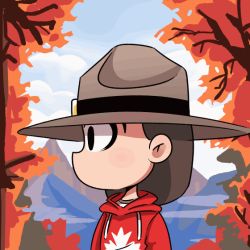 Rule 34 | 1girl, animated, animated gif, autumn leaves, brown hair, canada, commentary, day, english commentary, hat, hood, hoodie, leaf, leaf print, maple leaf, maple leaf print, medium hair, open mouth, original, outdoors, peargor, personification, rcmp, rcmp hat, red hoodie, solo, tearing up, turning head
