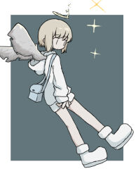 Rule 34 | 1girl, angel, angel wings, arms at sides, bag, bare legs, blonde hair, border, closed mouth, dissolving, expressionless, flying, full body, green background, halo, hood, hood down, hoodie, looking to the side, no sclera, original, outside border, shoes, short hair, shoulder bag, sidelocks, simple background, solo, sparkle, umi ha kirai, white border, white footwear, white hoodie, wings, | |