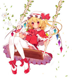 Rule 34 | 1girl, absurdres, adapted costume, ankle ribbon, blonde hair, bow, cape, dress, flandre scarlet, gloves, hat, high heels, highres, kitada mo, leg ribbon, long hair, looking at viewer, mob cap, plant, red dress, red eyes, red footwear, ribbon, shoes, side ponytail, solo, swing, thighhighs, touhou, vines, white gloves, white thighhighs, wings, wrist ribbon, zettai ryouiki