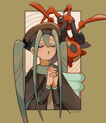 Rule 34 | 1girl, :o, blue wings, brown background, brown cape, brown dress, brown headwear, brown necktie, bug miku (project voltage), butterfly wings, cape, closed eyes, commentary, coral (coral l33), creatures (company), dress, english commentary, eyeshadow, facing viewer, fake wings, game freak, gen 4 pokemon, green hair, grey eyeshadow, hair between eyes, hair through headwear, hands up, hat, hatsune miku, highres, insect wings, interlocked fingers, kricketune, long hair, long sleeves, makeup, music, necktie, nintendo, open mouth, own hands clasped, own hands together, pokemon, pokemon (creature), project voltage, singing, twintails, upper body, very long hair, vocaloid, wings