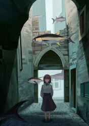 Rule 34 | 1girl, abandoned, absurdres, alley, arms behind back, blue skirt, bow, brown hair, building, city, closed mouth, day, fish, full body, highres, ikanoshiokara, original, outdoors, purple eyes, road, shirt, short hair, skirt, solo, standing, street, white shirt