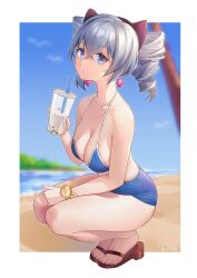 Rule 34 | 1girl, absurdres, beach, bikini, blue bikini, blue sky, blurry, blurry background, border, bow, breasts, bronya zaychik, cleavage, closed mouth, cloud, cloudy sky, cup, drill hair, drinking straw, earrings, full body, grey eyes, grey hair, hair bow, hamilundenongdizhe, highres, holding, holding cup, homu (honkai impact), honkai (series), honkai impact 3rd, jewelry, large breasts, looking at viewer, milkshake, outdoors, palm tree, sand, sandals, sky, solo, squatting, swimsuit, toes, tree, twin drills, water, white border