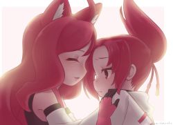 Rule 34 | 2girls, ahoge, animal ear fluff, animal ears, artist name, cat ears, closed eyes, commentary request, detached sleeves, folded ponytail, frown, gloves, hair ornament, hand on another&#039;s arm, hand on another&#039;s shoulder, kemurikusa, long hair, multiple girls, nagomi haruka, red eyes, red gloves, red hair, red ribbon, ribbon, ribbon-trimmed sleeves, ribbon trim, rin (kemurikusa), ritsu (kemurikusa), short hair, siblings, simple background, sisters, sleeves past wrists, smile
