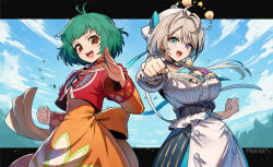 2girls blue_eyes blue_sky brown_eyes brown_hair cloud cloudy_sky commentary_request crossover day dress farah_oersted green_hair hat heterochromia highres honami_azusa kuroi_susumu long_hair long_sleeves looking_at_viewer medium_hair multiple_girls open_mouth orange_dress outdoors purple_eyes sky smile specialite_(company) standing tales_of_(series) tales_of_eternia virtual_youtuber white_dress white_hat