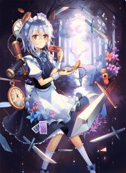 Rule 34 | 1girl, animal, apron, black dress, blue bow, blue eyes, blush, bow, braid, breasts, card, commentary request, crescent moon, deer, dress, flower, forest, frills, from side, gears, hair between eyes, hair bow, highres, izayoi sakuya, kirero, knife, looking at viewer, looking to the side, maid, maid headdress, moon, moonlight, nature, parted lips, pocket watch, puffy short sleeves, puffy sleeves, short sleeves, silver hair, small breasts, socks, telescope, touhou, twin braids, waist apron, watch, white legwear, wrist cuffs