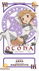 Rule 34 | 1girl, :d, arm behind head, ass, bare shoulders, boots, breasts, card (medium), character name, copyright name, elbow gloves, from side, gloves, halterneck, headgear, hexagram, latin text, leotard, light brown hair, looking at viewer, magic circle, mahou sensei negima!, motionslit, open mouth, orange eyes, pactio, parody, pilot suit, sakurano otoha, short hair, sitting, sky girls, small breasts, smile, solo, thigh boots, thighhighs, turtleneck, white footwear, white gloves, white thighhighs, zodiac