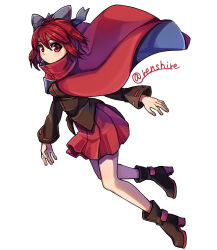 Rule 34 | 1girl, black footwear, black shirt, blue bow, boots, bow, cloak, closed mouth, full body, hair bow, high heel boots, high heels, highres, long sleeves, looking at viewer, one-hour drawing challenge, red eyes, red hair, red skirt, renshirenji, sekibanki, shirt, simple background, skirt, solo, touhou, twitter username, white background