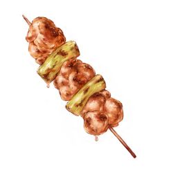 Rule 34 | dripping, food, food focus, kebab, meat, no humans, original, shu-mai, simple background, skewer, spring onion, white background