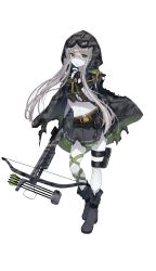 Rule 34 | 1girl, black cape, black footwear, black gloves, boots, bowgun, cape, formation girls, full body, gloves, goggles, goggles on head, green eyes, grey skirt, highres, hiiragi souren, holding, holding weapon, looking at viewer, midriff, navel, partially fingerless gloves, pleated skirt, reina huchsbelger, silver hair, skirt, solo, torn cape, torn clothes, torn skirt, transparent background, weapon