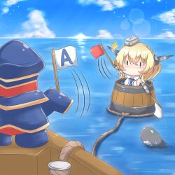 Rule 34 | 1girl, barrel, blonde hair, blush, breasts, character request, chibi, colorado (kancolle), dock, flag, floating, garrison cap, grey headwear, hat, headgear, highres, i-class destroyer, kantai collection, mario (series), mario party, medium breasts, nintendo, outdoors, red flag, riretsuto, rope, shirt, short hair, sleeveless, solid eyes, white flag, white shirt