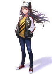 Rule 34 | 1girl, animal hat, bad id, bad pixiv id, black hair, brk, cat hat, converse, denim, earrings, floral print, glint, hands in pockets, hat, jacket, jeans, jewelry, long hair, mouth hold, original, pants, red eyes, red footwear, shadow, shirt, shoes, sneakers, solo, standing, striped clothes, striped shirt, sukajan, white background, yellow shirt, zipper