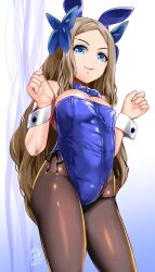 Rule 34 | 1girl, absurdres, animal ears, asakaze (kancolle), black pantyhose, blue bow, blue bowtie, blue eyes, blue leotard, bow, bowtie, breasts, cleavage, cowboy shot, detached collar, forehead, hair bow, highres, kantai collection, leotard, light brown hair, long hair, medium breasts, pantyhose, parted bangs, playboy bunny, rabbit ears, sidelocks, solo, standing, strapless, strapless leotard, w arms, wavy hair, wrist cuffs, yellow quokka