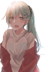 Rule 34 | 1girl, alternate hairstyle, blue eyes, blue hair, blush, braid, commentary request, crying, earrings, hair ornament, hair scrunchie, jacket, jewelry, kantai collection, looking at viewer, messy hair, off shoulder, open mouth, ponytail, red jacket, rinto (rint rnt), scrunchie, shirt, short sleeves, simple background, solo, suzuya (kancolle), sweat, tears, track jacket, upper body, white background, white shirt