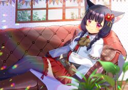 Rule 34 | 1girl, animal ear fluff, animal ears, black gloves, black hair, black thighhighs, blurry, blurry foreground, braid, cat ears, cat girl, cat tail, closed mouth, commentary request, commission, couch, depth of field, feet out of frame, final fantasy, final fantasy xiv, fingerless gloves, flower, frilled thighhighs, frills, gloves, hair flower, hair ornament, hair over shoulder, indoors, jacket, kou hiyoyo, long hair, long sleeves, looking at viewer, low twintails, miqo&#039;te, on couch, pennant, pillow, plaid, plaid pillow, pleated skirt, red eyes, red flower, red skirt, skeb commission, skirt, smile, solo, string of flags, tail, thighhighs, twin braids, twintails, white jacket, window