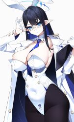 Rule 34 | 1girl, absurdres, adapted costume, animal ears, black hair, black pantyhose, blue archive, blue eyes, blue hair, blue halo, blue necktie, breasts, casul, cleavage, colored inner hair, detached collar, earrings, fake animal ears, glasses, gloves, halo, highleg, highleg leotard, highres, jewelry, large breasts, leotard, long hair, looking at viewer, multicolored hair, necktie, pantyhose, playboy bunny, pointy ears, rabbit ears, rin (blue archive), solo, strapless, strapless leotard, very long hair, white background, white gloves