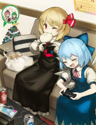 Rule 34 | 4girls, antennae, ascot, baozi, black skirt, black vest, blonde hair, blue bow, blue dress, blue hair, blue wings, bow, calendar (object), can, christmas tree, cirno, closed eyes, commentary request, controller, couch, dr pepper, dress, eating, food, green hair, hair bow, hair ribbon, highres, holding, holding controller, ice, ice wings, indoors, magazine (object), mouth hold, multiple girls, mystia lorelei, one eye closed, pillow, pink eyes, pink hair, playing games, puffy short sleeves, puffy sleeves, red ascot, red eyes, red ribbon, ribbon, rumia, shirt, short hair, short sleeves, sitting, skirt, skirt set, smile, spark621, striped, table, team 9 (touhou), touhou, vest, white shirt, wing collar, wings, wriggle nightbug