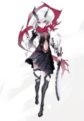 Rule 34 | 3q58, absurdres, angry, asymmetrical horns, asymmetrical sleeves, bandages, bare shoulders, black dress, black thighhighs, boots, breasts, character cutout, cleaver, commentary request, detached sleeves, dress, fingerless gloves, full body, gauntlets, gloves, highres, holding, holding weapon, horns, medium hair, mismatched horns, mismatched sleeves, navel, original, pink eyes, red scarf, scarf, simple background, small breasts, solo, thigh boots, thighhighs, torn clothes, uneven horns, v-shaped eyebrows, weapon, white background, white hair