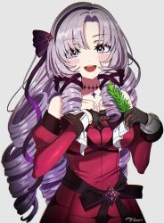 Rule 34 | 1girl, :d, black gloves, black hairband, chest tattoo, claw ring, collarbone, dress, drill hair, gloves, grey background, hair ribbon, hairband, herb, highres, hyakumantenbara salome, hyakumantenbara salome (1st costume), light purple hair, long hair, long sleeves, looking at viewer, nijisanji, off-shoulder dress, off shoulder, open mouth, parted bangs, piko han, purple eyes, purple hairband, purple ribbon, red dress, ribbon, signature, simple background, smile, solo, tattoo, twitter username, virtual youtuber