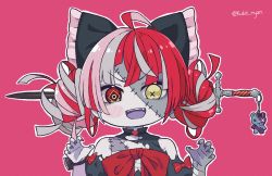 Rule 34 | 1girl, artist name, black bow, bow, claw pose, colored skin, double bun, fangs, fingernails, grey skin, hair bow, hair bun, heterochromia, highres, hololive, hololive indonesia, huge bow, kukie-nyan, kureiji ollie, looking at viewer, nail polish, open mouth, pink background, red bow, red eyes, sharp fingernails, solo, stitched face, stitched torso, stitches, sword, symbol-shaped pupils, v-shaped eyebrows, virtual youtuber, weapon, yellow eyes, zombie