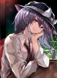 Rule 34 | 1girl, black hat, blurry, blurry background, brown necktie, collared shirt, hat, hat ribbon, head rest, head tilt, highres, indoors, kurozu piroo, leaning on table, long sleeves, looking at viewer, medium hair, necktie, open mouth, pink eyes, purple hair, ribbon, shirt, sitting, solo, table, teeth, touhou, upper body, upper teeth only, usami renko, white ribbon, white shirt, window