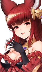 Rule 34 | 1girl, animal ears, anthuria, armpit crease, bad id, bad pixiv id, bare shoulders, black gloves, blush, breasts, brooch, cleavage, commentary request, dress, elbow gloves, erune, frills, gloves, granblue fantasy, hair ornament, hand up, highres, jewelry, koretsuki azuma, long hair, looking at viewer, medium breasts, ornate ring, parted lips, red dress, red eyes, red hair, ring, simple background, smile, solo, upper body, wedding ring, white background