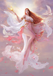 Rule 34 | 1girl, armlet, bare legs, bare shoulders, barefoot, bird, blue eyes, breasts, brown hair, cloud, dove, dress, earrings, fingernails, flying, gem, highres, holding, jewelry, large breasts, leg up, light, light rays, long hair, looking at viewer, magic, original, outdoors, parted lips, petals, realistic, red ribbon, ribbon, ruoxin zhang, scepter, see-through, sleeveless, sleeveless dress, solo, sun, tiara, very long hair, watermark, wavy hair, web address, white dress