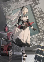 Rule 34 | 1girl, absurdres, arknights, bird, black bird, black gloves, book, breasts, earrings, gloves, grey hair, highres, irene (arknights), irene (voyage of feathers) (arknights), jewelry, juliet sleeves, lantern, lifting own clothes, long sleeves, maid, maid headdress, making-of available, mary janes, official alternate costume, picture frame, pink eyes, puffy sleeves, shoes, siyu csy, skirt hold, small breasts, solo, standing