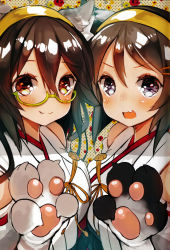 Rule 34 | 2girls, animal ears, black hair, blush, breasts, brown eyes, cat ears, closed mouth, detached sleeves, fang, fang out, floral background, floral print, glasses, gloves, green-framed eyewear, hair ornament, hairband, hairclip, haruna (kancolle), headgear, highres, japanese clothes, kantai collection, kemonomimi mode, kirishima (kancolle), large breasts, long hair, looking at viewer, multiple girls, nontraditional miko, open mouth, paw gloves, paws, purple eyes, ribbon-trimmed sleeves, ribbon trim, semi-rimless eyewear, short hair, smile, suzuho hotaru, under-rim eyewear, wide sleeves