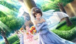 4girls :d aisaka_koko arihara_tsubasa black_hair blonde_hair blue_eyes blunt_bangs blush bouquet bridal_veil brown_hair church cinderella_series closed_mouth crossed_arms dress dutch_angle elbow_gloves flower game_cg gloves green_eyes hachigatsu_no_cinderella_nine hair_flower hair_ornament hair_up highres holding holding_bouquet kawakita_tomoe light_rays long_hair looking_at_another looking_to_the_side multiple_girls non-web_source official_alternate_hairstyle official_art open_mouth orange_flower outdoors pink_dress pink_flower pink_rose red_flower red_rose rose shy smile solo_focus strapless strapless_dress sunbeam sunflower sunflower_hair_ornament sunlight tree tsukishima_yui_(hachigatsu_no_cinderella_nine) veil wedding_dress white_dress white_gloves yellow_eyes