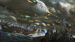 Rule 34 | aircraft, airship, ambiguous gender, battle, battle standard, boat, cloud, cloudy sky, commentary request, day, dragon, dutch angle, explosion, fantasy, flag, flak, holding, holding polearm, holding spear, holding weapon, multiple others, noba, ocean, outdoors, pixiv fantasia, pixiv fantasia last saga, polearm, sky, spear, vehicle focus, water, watercraft, weapon, wide shot