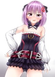 Rule 34 | 1girl, absurdres, anger vein, bare shoulders, belt, black panties, black thighhighs, blush, detached sleeves, fate/grand order, fate (series), flat chest, from below, gradient background, helena blavatsky (fate), highres, looking at viewer, moyoron, open mouth, panties, purple eyes, purple hair, short hair, smile, solo, strapless, thighhighs, sefirot, underwear, white background