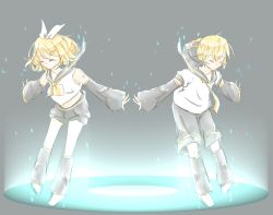 Rule 34 | 1boy, 1girl, ametani kion, arm warmers, bare shoulders, blonde hair, bow, closed eyes, collar, commentary, crop top, digital dissolve, full body, glowing, grey collar, grey shorts, grey sleeves, hair bow, hair ornament, hairclip, kagamine len, kagamine rin, leg warmers, materializing, neckerchief, necktie, outstretched arms, sailor collar, school uniform, shirt, short hair, short ponytail, short shorts, short sleeves, shorts, shoulder tattoo, sleeveless, sleeveless shirt, swept bangs, tattoo, virtual reality, vocaloid, white bow, white shirt, yellow neckerchief