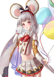 Rule 34 | 1girl, 2020, absurdres, animal, animal ears, balloon, blush, brooch, buttons, chinese zodiac, crop top, crop top overhang, eyebrows, granblue fantasy, hairband, heart, heart brooch, highres, holding, holding animal, holding balloon, jewelry, looking at viewer, mouse (animal), mouse ears, new year, red eyes, shirt, silver hair, simple background, solo, user rymn2453, vikala (granblue fantasy), white shirt, wide sleeves, year of the rat