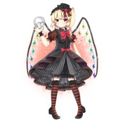Rule 34 | 1girl, alternate costume, blonde hair, bow, cheunes, closed mouth, crystal, flandre scarlet, full body, gothic lolita, hat, hat ribbon, lolita fashion, looking at viewer, mini hat, petticoat, red eyes, ribbon, side ponytail, skull, smile, solo, touhou, transparent background