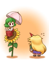Rule 34 | 2girls, ascot, blonde hair, blush stickers, cactus, chibi, commentary request, cuffs, flower, geta, gradient background, green hair, holding, horns, hoshiguma yuugi, kazami yuuka, long hair, long sleeves, looking at another, multiple girls, nishin, plaid, plaid skirt, plaid vest, plant, potted plant, shackles, short hair, single horn, sitting, skirt, solid oval eyes, sunflower, sweatdrop, touhou, two-tone background, umbrella, vest, wing collar