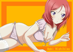 Rule 34 | 10s, 1girl, blush, breasts, character name, cleavage, downblouse, kosu, large breasts, love live!, love live! school idol project, lying, medium hair, nail polish, nishikino maki, no bra, on side, panties, parted lips, pink nails, pink panties, purple eyes, red hair, solo, thighhighs, tsurime, underwear