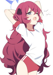 Rule 34 | 1girl, ;o, arms behind head, arms up, blue archive, blush, buruma, cowboy shot, grey eyes, gym shirt, gym uniform, halo, highres, iroha (blue archive), long hair, one eye closed, open mouth, puffy short sleeves, puffy sleeves, red buruma, red hair, shirt, short sleeves, simple background, solo, supershiruco, tears, very long hair, white background, white shirt, yawning