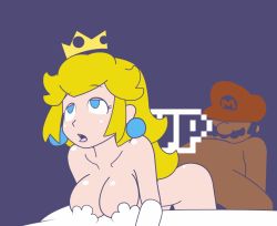 Rule 34 | 1boy, 1girl, 1up, animated, animated gif, blue eyes, bouncing breasts, breasts, crown, doggystyle, earrings, facial hair, gameplay mechanics, hat, hetero, jewelry, leaning forward, mario, mario (series), minuspal, mustache, nintendo, nude, orgasm, princess peach, purple background, sex, sex from behind, simple background, super mario bros. 1, text focus