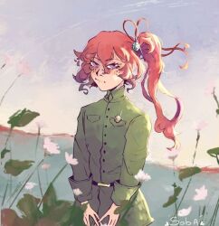 Rule 34 | 1girl, angry, blue sky, blush, bungou stray dogs, flower, green hat, green shirt, hat, long hair, looking at viewer, military, military hat, military uniform, okura teruko, red eyes, red hair, shirt, sky, solo, uniform, very long hair, water