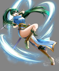 Rule 34 | 1girl, arm up, asymmetrical bangs, attack, blue dress, boots, breasts, brown footwear, commentary request, delsaber, dress, eyelashes, female focus, fingerless gloves, fire emblem, fire emblem: the blazing blade, gloves, glowing, gold trim, green eyes, green hair, grey background, hair between eyes, hair ornament, high ponytail, highleg, highres, holding, holding sword, holding weapon, jewelry, katana, knee boots, leaning back, leg up, long hair, looking at viewer, lyn (fire emblem), matching hair/eyes, medium breasts, motion lines, nintendo, open mouth, sash, sheath, short sleeves, simple background, solo, sparkle, sword, thighs, undershirt, weapon